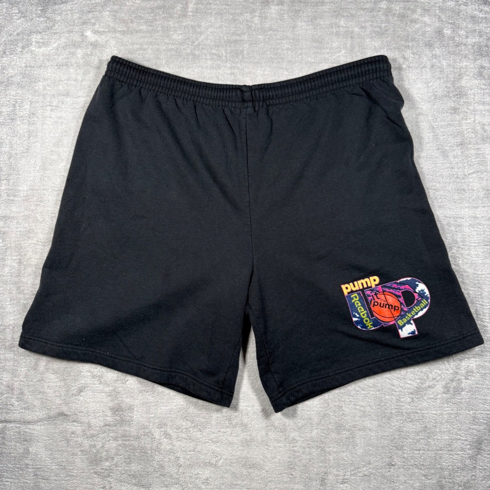 Reebok Shorts Mens Large Black Vintage 90s Pump Basketball fleece Sweat Track
